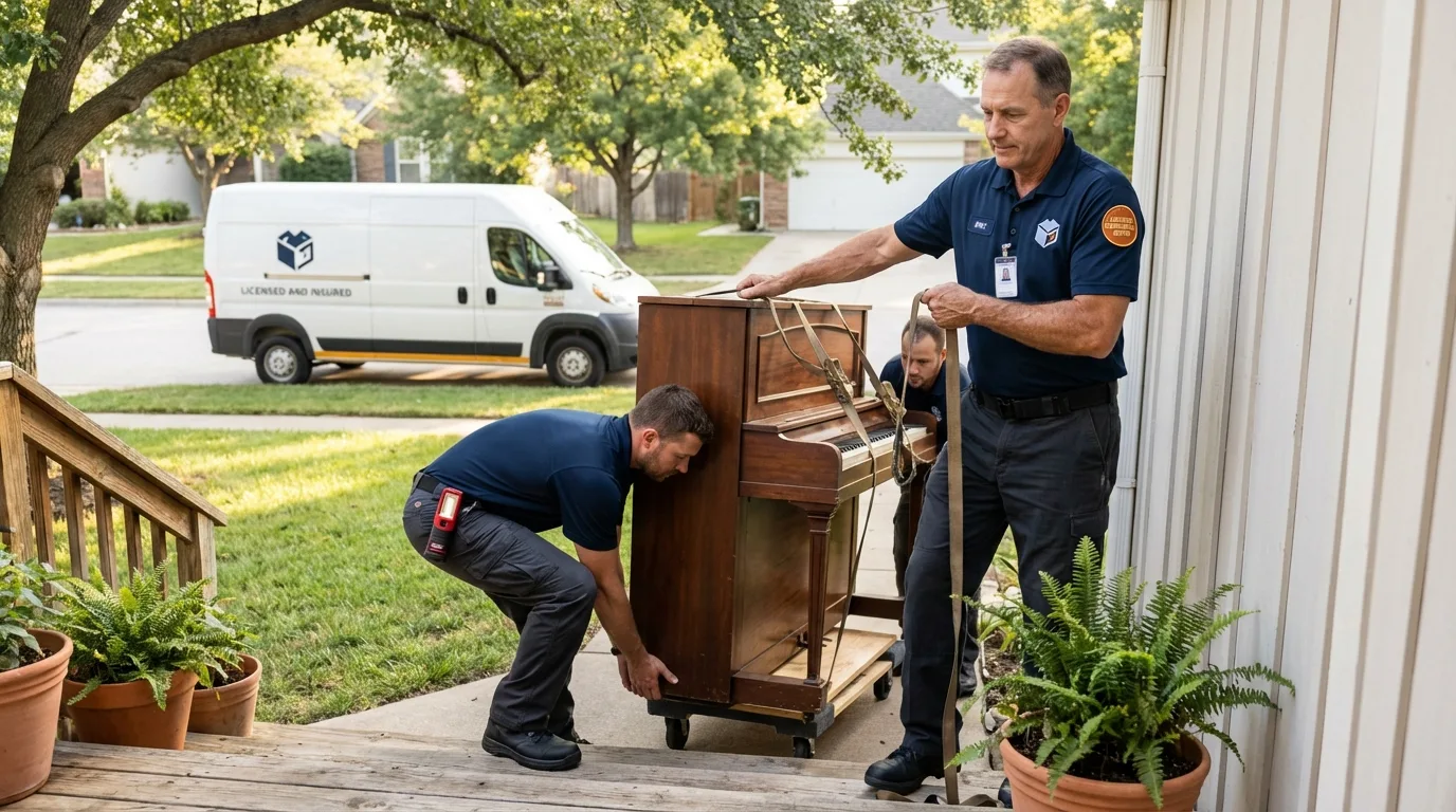 Licensed piano movers securing grand piano in Mineola, NY