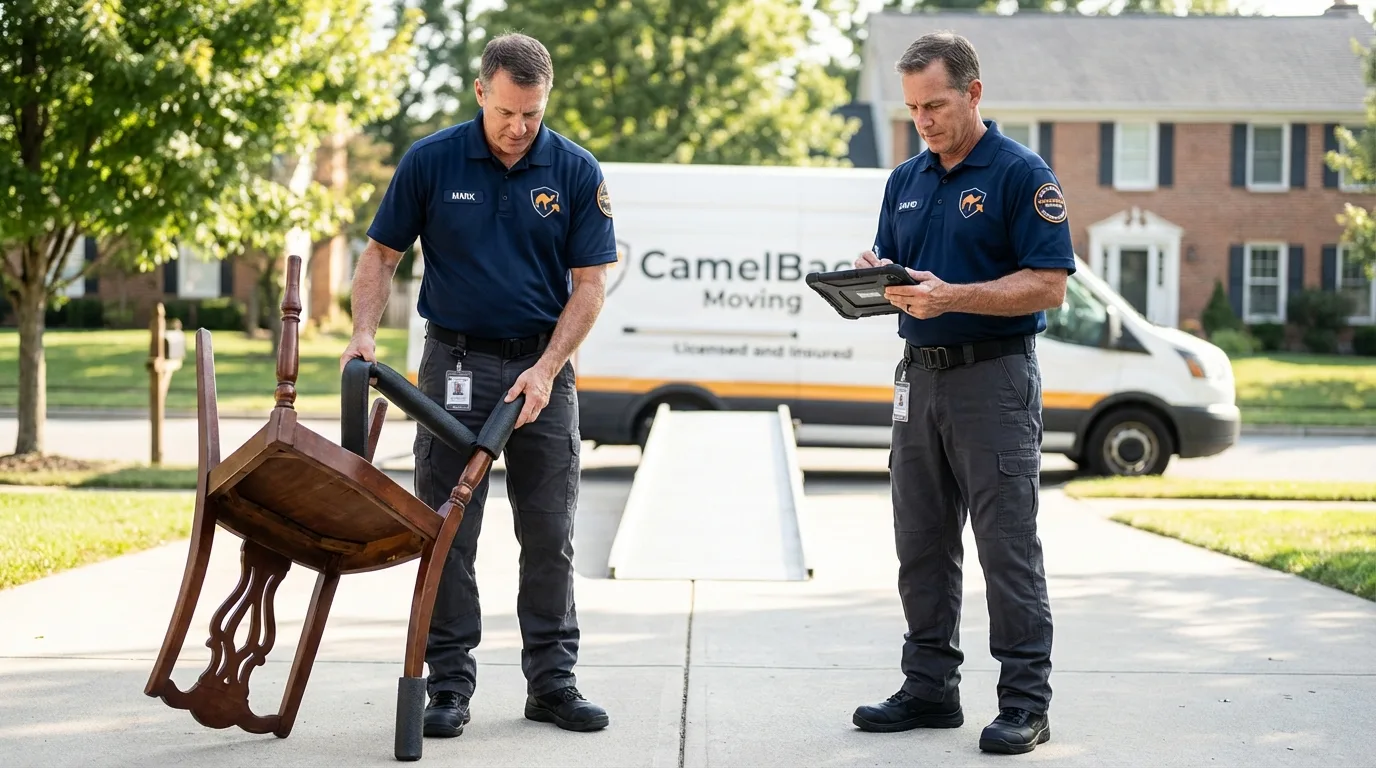 Movers inspecting furniture for damage prevention before loading in Mineola, NY