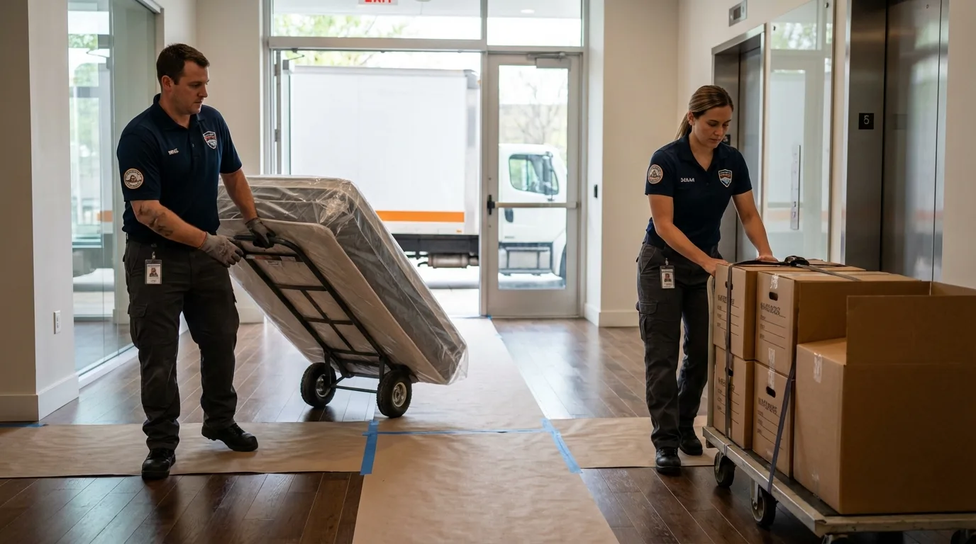 Professional apartment movers loading elevator in Mineola, NY